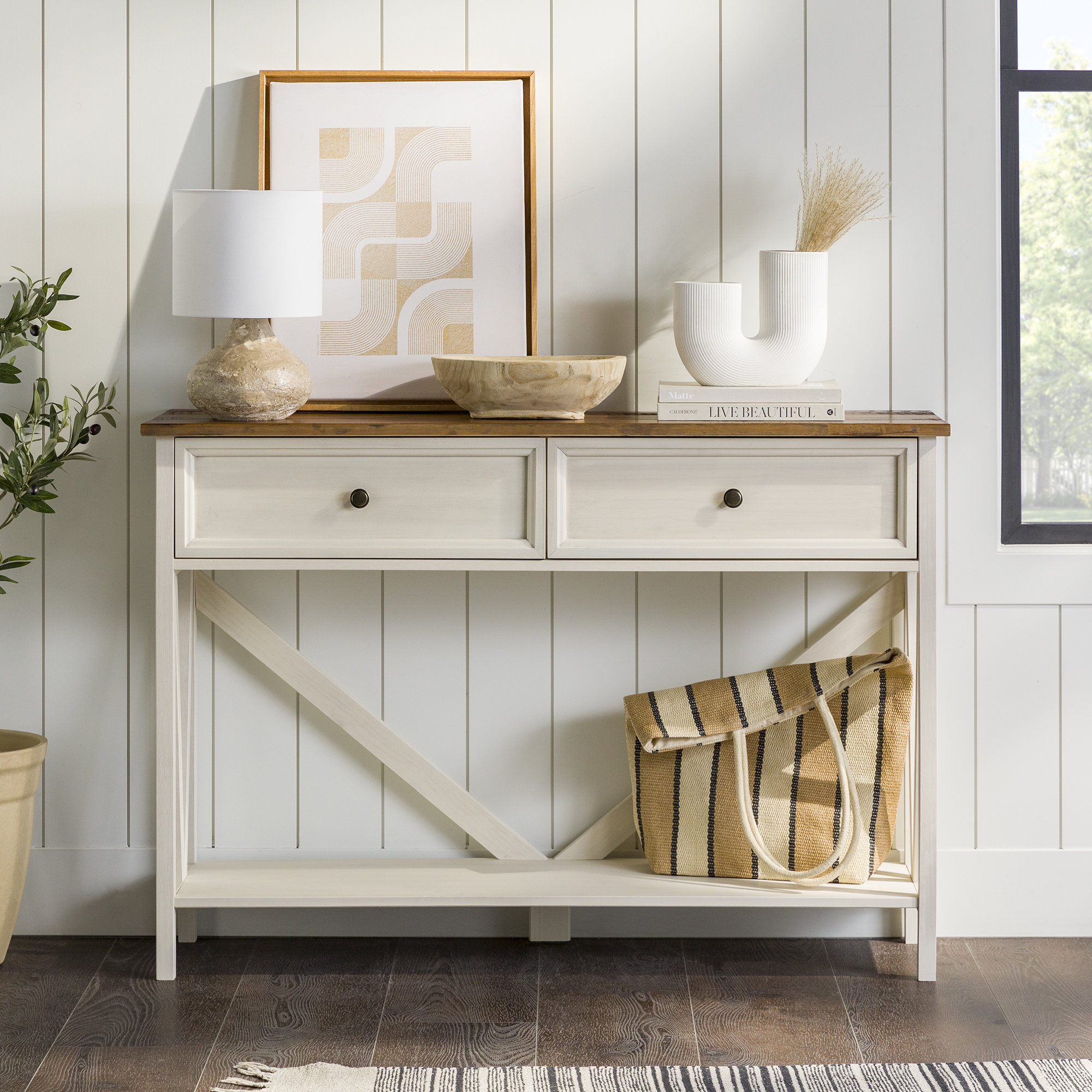 48 in. White Rectangular Solid Pine Wood Top Console Table Entryway Sofa Side Table with 3 Storage Drawers 2 Shelves
