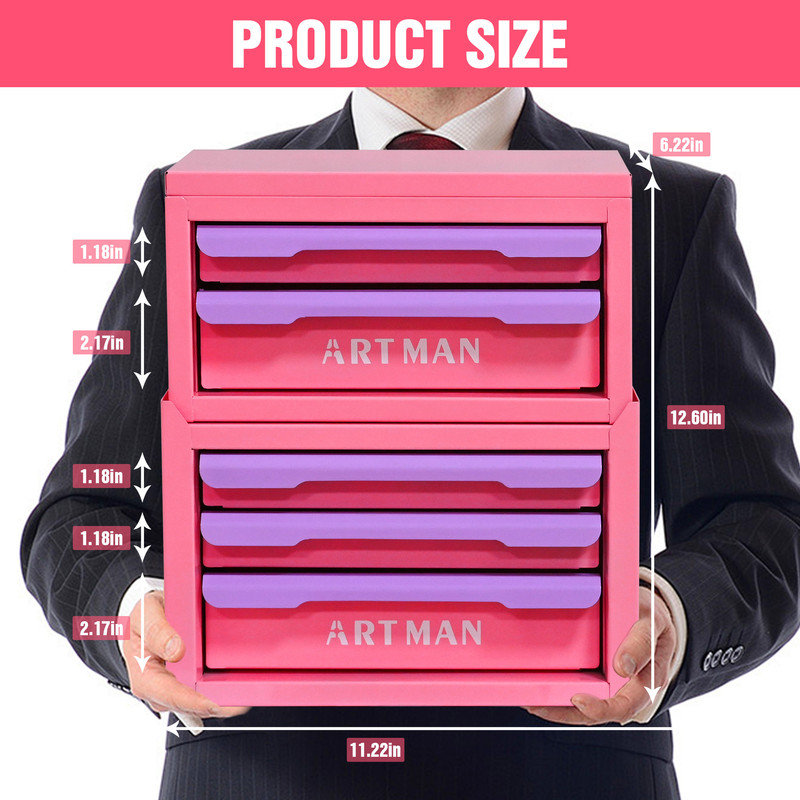 12.6" Stackable 5-Drawer Desktop Storage Cabinet, Pink-Purple 2+3 Layer Desk Organizer for Stationery & Cosmetics