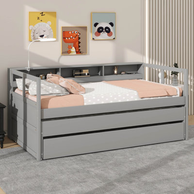 Twin XL Wooden Daybed With Two Trundles, Three Storage & Light by Latitude Run
