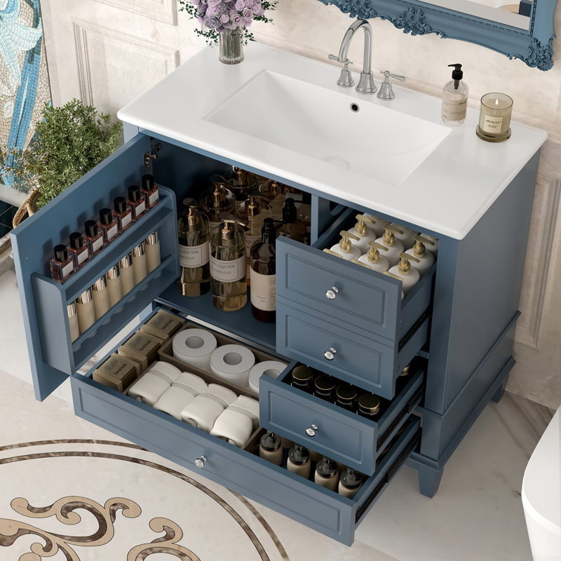 Meuble-lavabo simple sur pied 36 po avec comptoir en céramique et tiroirs, Argent argent, Blue Grey