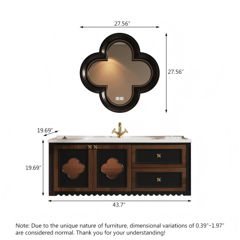 Meuble-lavabo mural en chêne massif bicolore noir et brun avec miroir intelligent, H 19,68 po x l 43,70 po x P 19,68 po