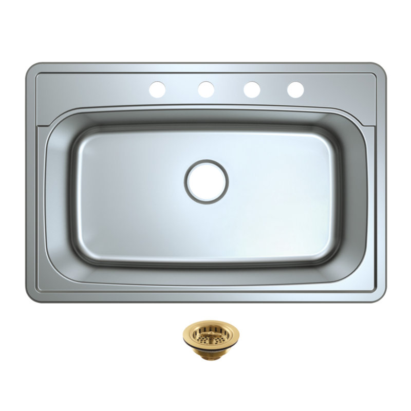 Kingston Brass Studio 33-Inch Stainless Steel Self-Rimming Single Bowl Bar Sink With Drain And Strainer, 4, Brushed Brass