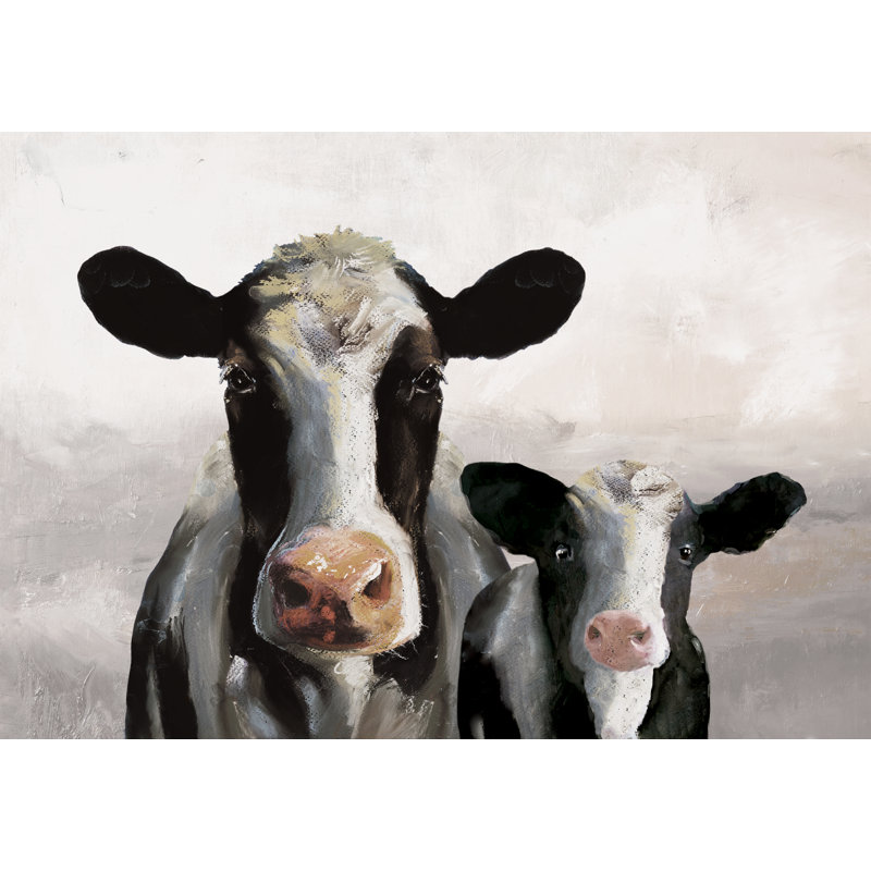 Cows Mama and Baby - Painting Print, 20cm H x 30cm W, Black Floater Framed