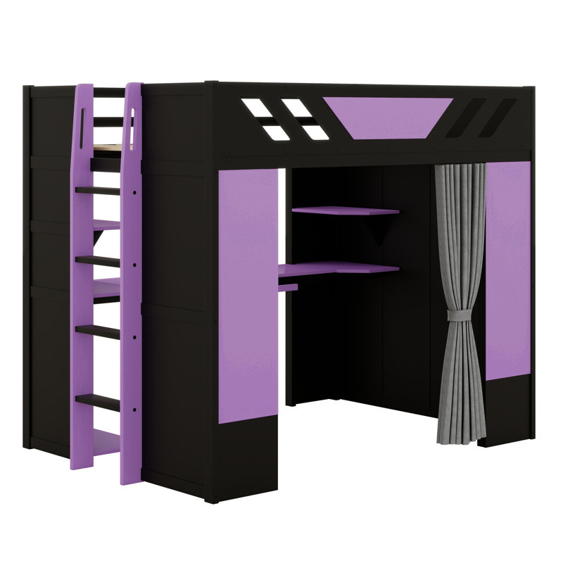 Lit mezzanine multifonctionnel avec tablettes de rangement, rideaux occultants et éclairage RVB, Noir et mauve