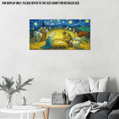 Reproduction d'art de la crèche de la Nativité, naissance de Jésus, nuit étoilée, reproduction d'art pour décor de maison chrétienne, affiche de photo de Marie Joseph Jesus, œuvre d'art sur toile encadrée pour la pièce, 16 po x 32 po