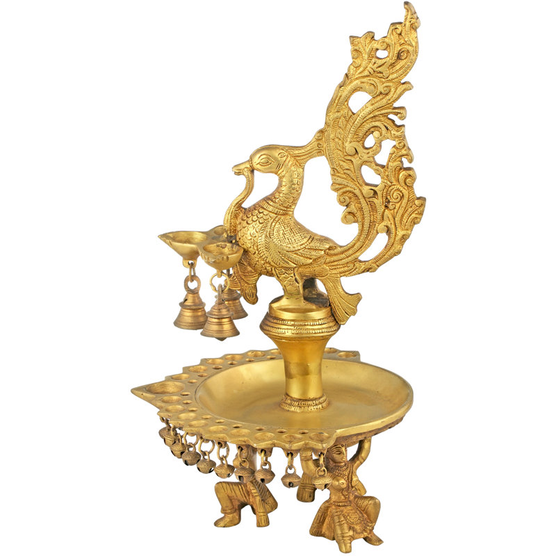 15" Handcrafted Brass Peacock Oil Lamp with Hanging Bells – 22-Wick Traditional Indian Diya Stand – Artisan Global Home Décor