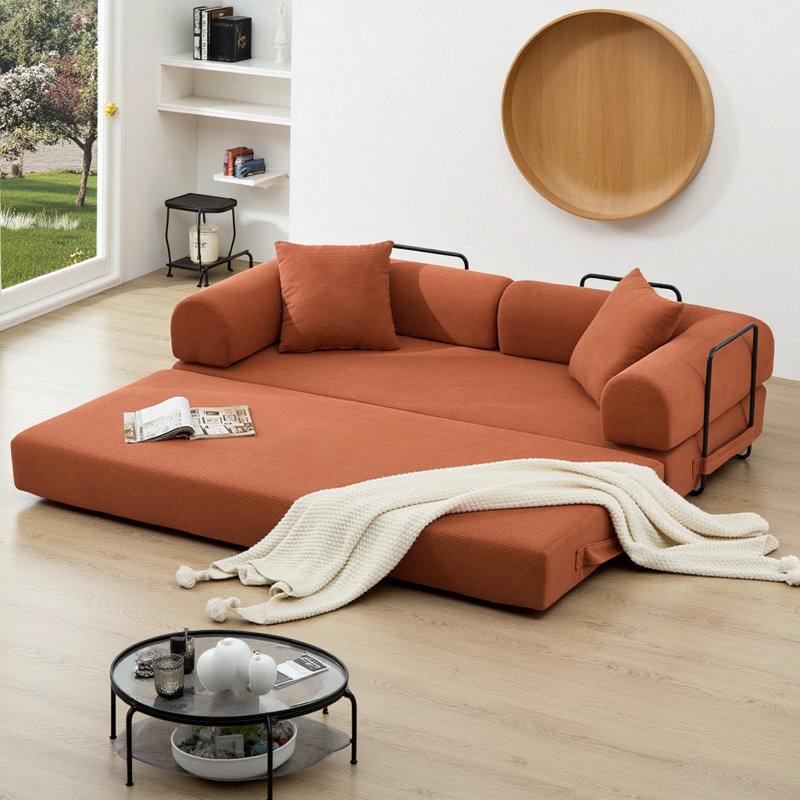 Canapé-lit pliant en velours côtelé 78,5 po 78,5 po avec 2 coussins et matelas à ressorts en mousse pour le salon, aucun assemblage requis