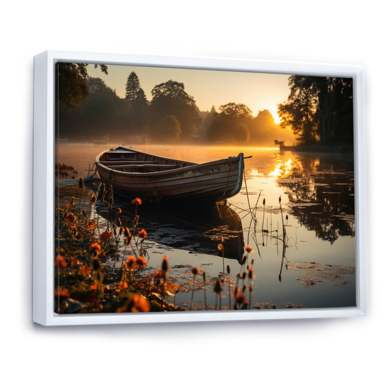 Canoe On The Lake Framed On Canvas Print, 16" H x 32" W x 1" D, White Floater Framed