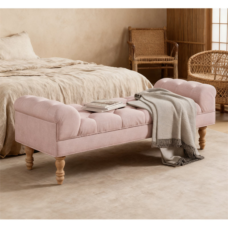 Button-Tufted End of Bed Bench, Pink, Natural