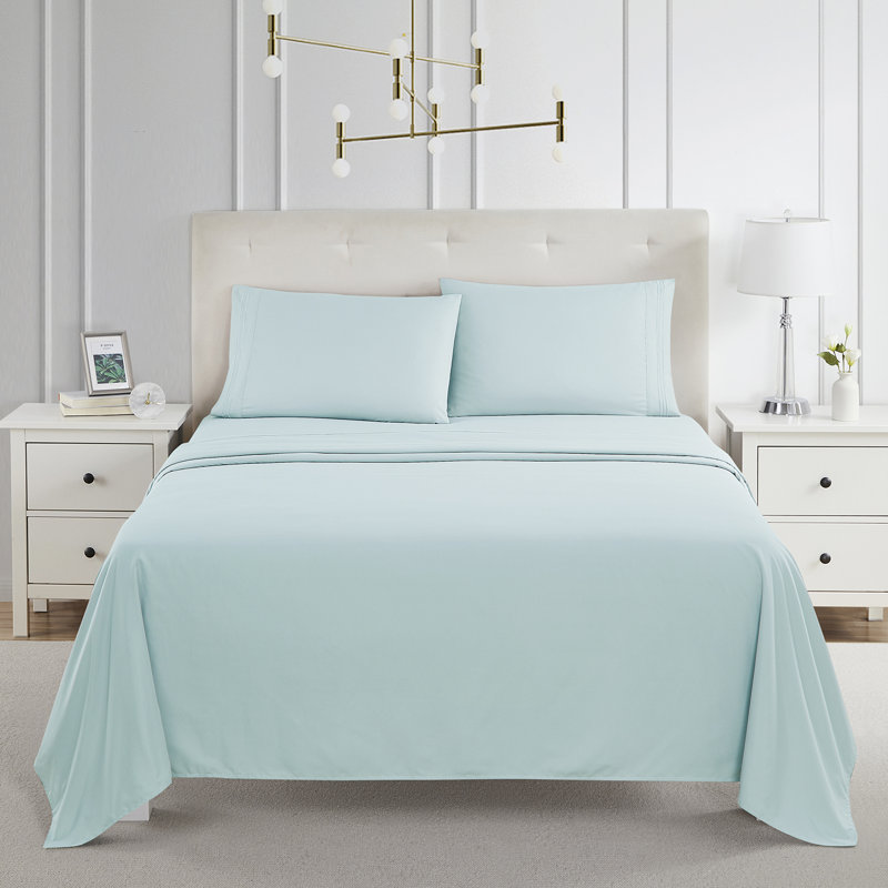  Ensemble de draps double brossé de luxe pour hôtel avec draps et taies d'oreiller très doux, Bleu clair, Grand