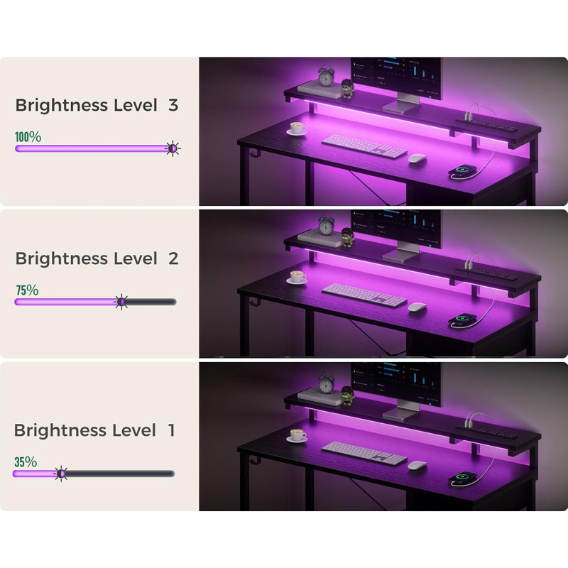 Gaming Desk with LED Lights & Power Outlet, 48 Inch Computer Desk with Drawer, Reversible Desk with Adjustable Monitor Shelf & Headphone Hook for Home Office, Black