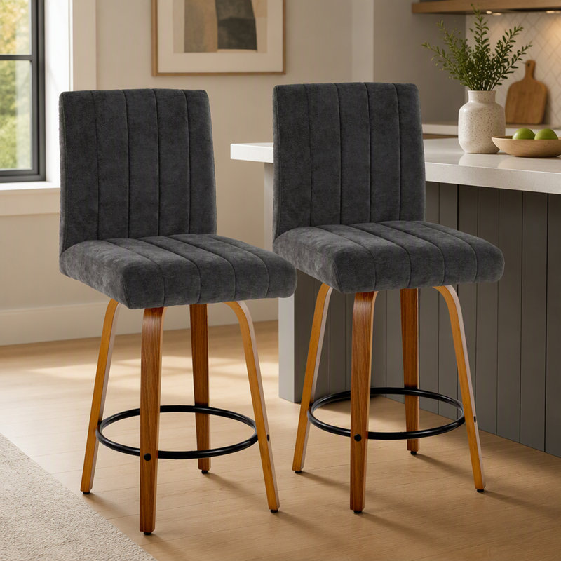 Ensemble de tabourets de bar pivotants à hauteur fixe de style contemporain avec pieds en bois de noyer, Noyer / noir