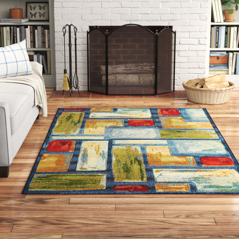Tapis intérieur / extérieur bleu à motif géométrique Merrimac, Rectangle 4 pi 1 po x 6 pi 1 po