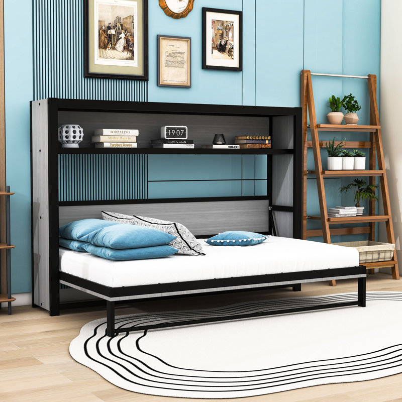 Lit escamotable simple en bois avec tablettes, gris