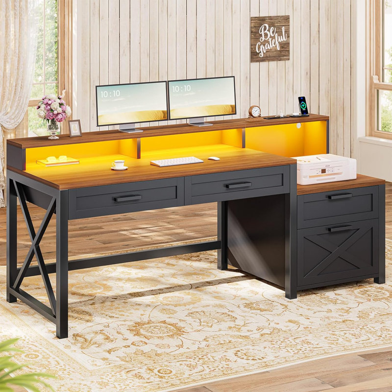 55" Office Desk With 4 Drawers, Computer Desk With File Drawer & Power Outlet, Home Office Desk With Storage Shelves & Printer Cabinet