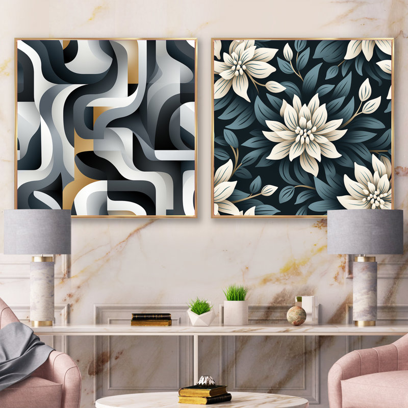 Essence monochrome - Collages abstraits, ensemble de 2 collages carrés, H 16 po x l 33 po, Cadre flottant doré