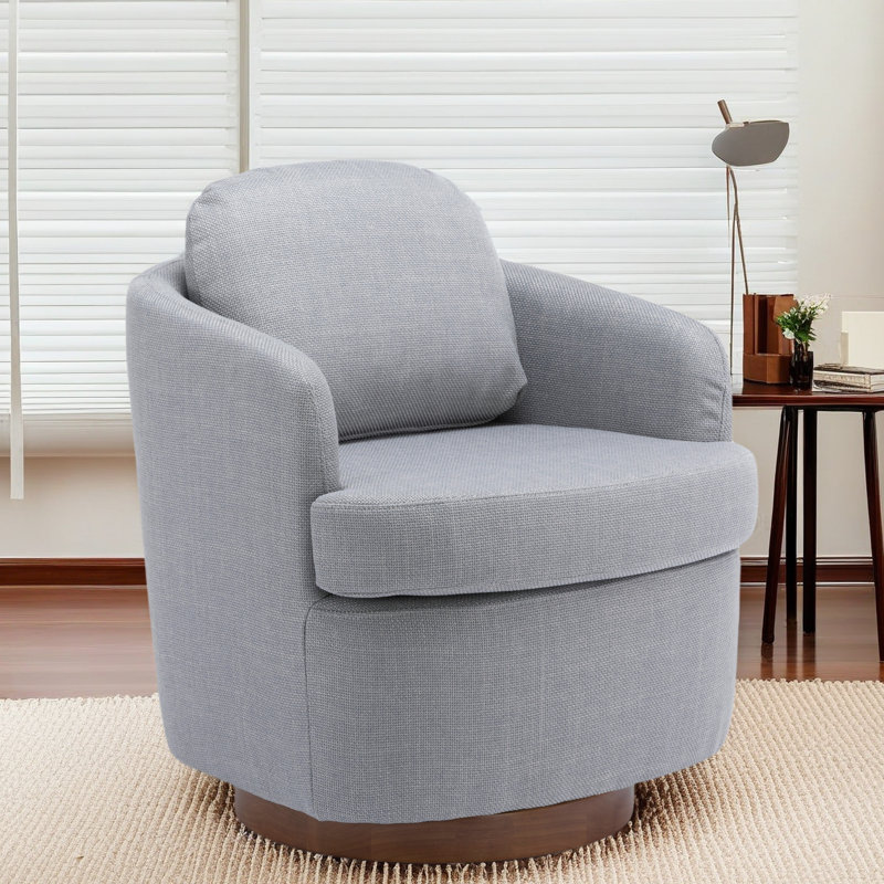 Fauteuil d'appoint pivotant en tissu avec pieds ronds en bois brun, Lin bleu