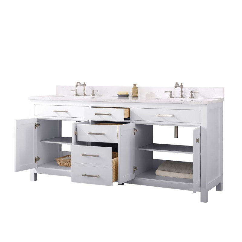 Meuble-lavabo double Ajhane, Blanc / nickel brossé