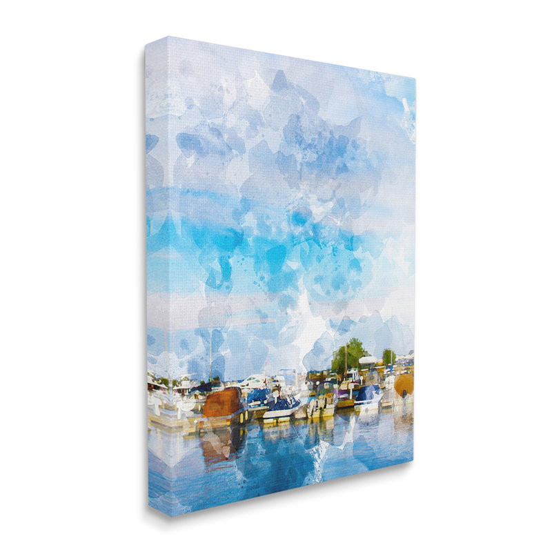 Bateaux d'été à quai à Port Harbor, ciel bleu nuageux par Chamira Young - Peinture, Toile tendue, L 16 po x H 20 po