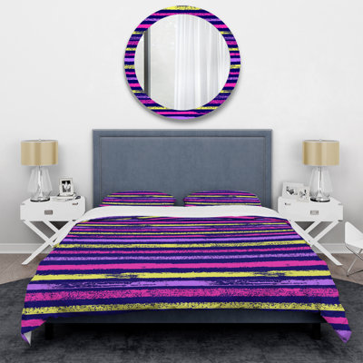 Pink and Purple Grunge Striped Polyester Duvet Cover Set