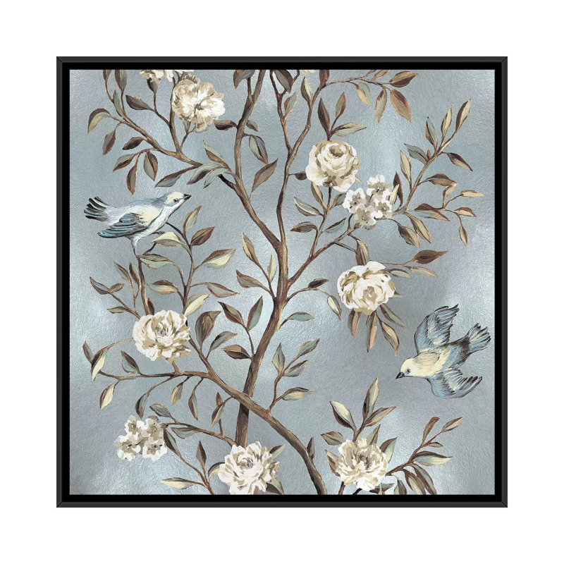 «Chinoiserie in Silver II», reproduction d'art sur toile, H 18 po x l 18 po x P 1,5 po, Toile avec cadre noir, Pas de tapis