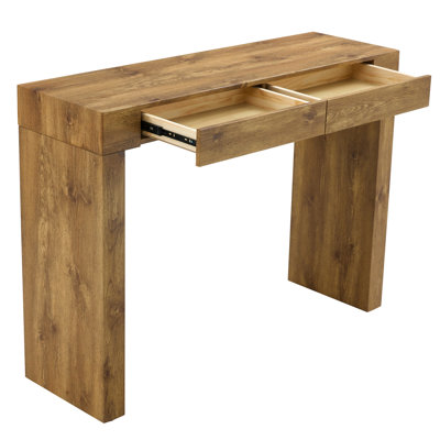 Table de bar de 50 po de long avec grain de bois naturel, tiroirs à rainures invisibles, pieds élégants avec table à grain de pouce, antidérapant réglable