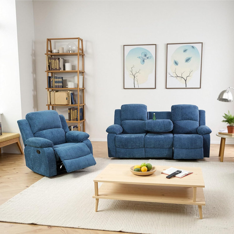 Ensemble de canapé de salon inclinable en tissu 2 pièces, Bleu