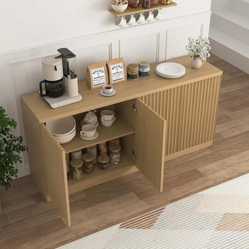 Buffet Cabinet With Storage, Sideboard Cabinet With 4 Doors & Shelves, Wooden Kitchen Coffee Bar Credenza For Living Room And Hallway