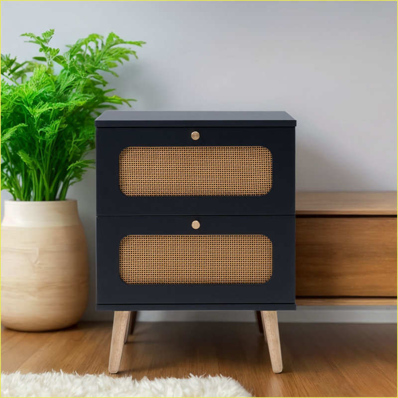 2-Drawer Rattan Nightstand with Solid Wood Legs – Bedroom Storage