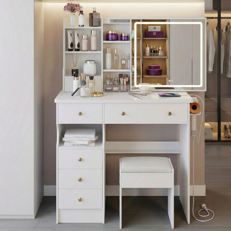 Ensemble de coiffeuse avec miroir coulissant à DEL et tabouret rembourré, ensemble de commode avec 2 prises CA + 2 prises USB et support pour sèche-cheveux, lumière tactile 3 couleurs pour la chambre à coucher