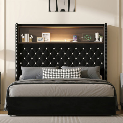 Luxurious Full Size Velvet Tufted Soft Bed Frame with USB Port and Night Light - 52