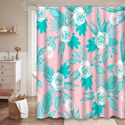 Pink Green White Floral Summer Hipster Shower Curtain with 12 Hooks