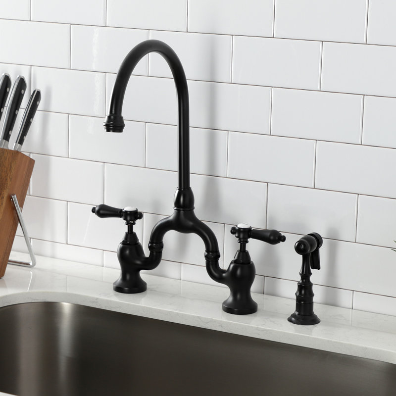 Kingston Brass KS7798BALBS Heirloom Bridge Kitchen Faucet With Brass Sprayer, Brushed Nickel, Matte Black