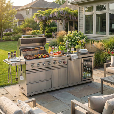 Stainless Steel Outdoor Kitchen Barbecue Island With 84 - Inch 5 Burner 75300 , Built In Beverage Fridge, And Weather Sealed Storage Gas Black Galaxy Granite Countertop, Led Lit