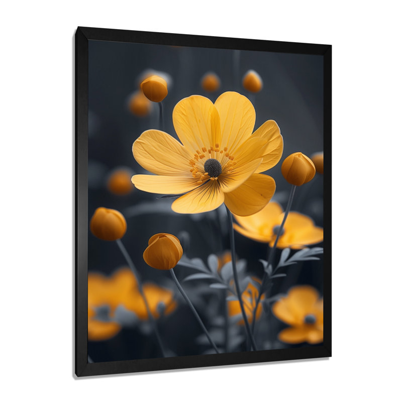 Décoration murale monochromes jaune noir Elegance II - boutons d'or, H 20 po x l 12 po x P 1 po, Toile encadrée noire simple
