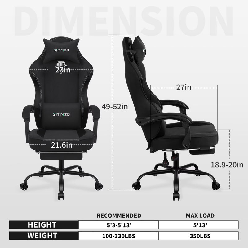 SITMOD Ergonomic Gaming Chair with Footrest and Lumbar Support for Adults Computer Office Chair, Black