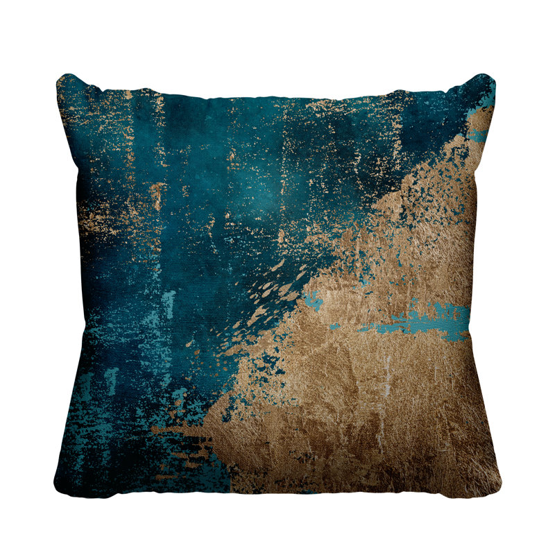 Coussin intérieur / extérieur Lincolnwood, H 15 po x l 15 po, Turquoise / or