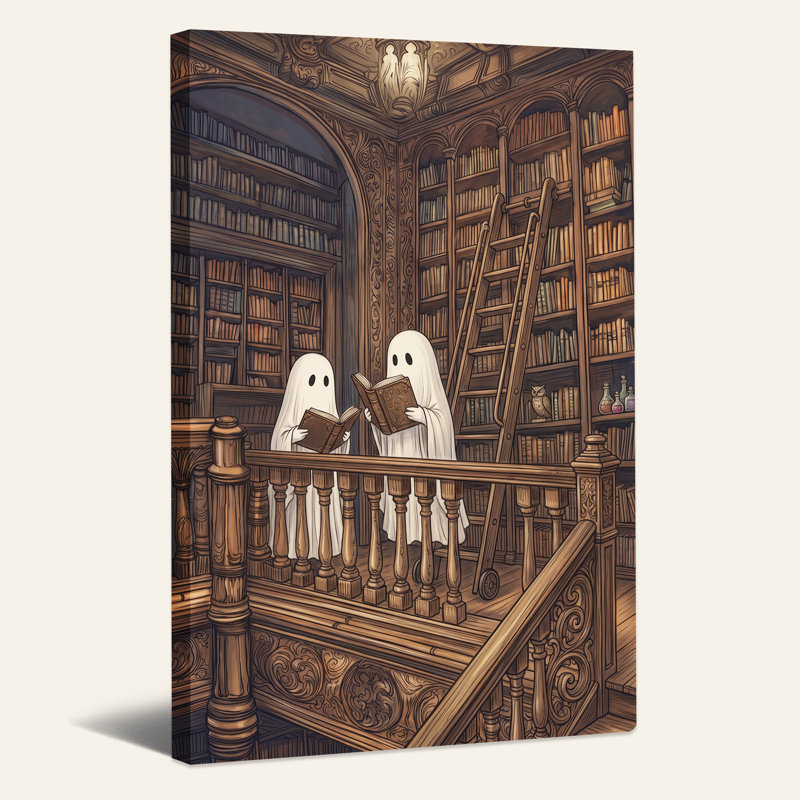 Deux fantômes, lecture de livres en sépia, bibliothèque, balcon, art mural d'Halloween, H 24 po x l 16 po