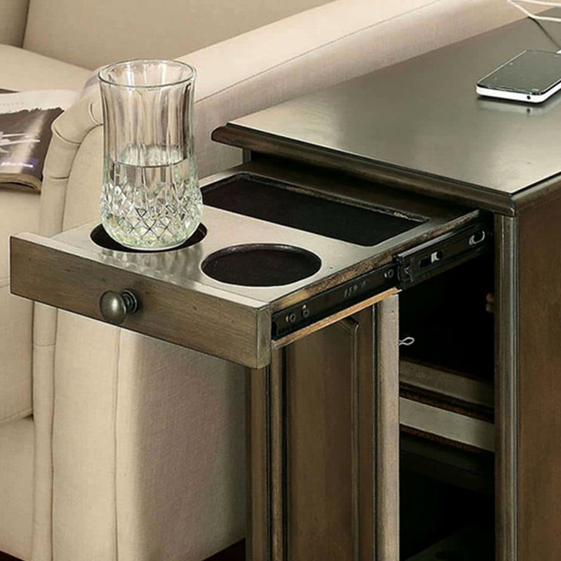 Transitional Side Table With Charging And Cup Holder - Gray Color Rectangular Outlet, Gray
