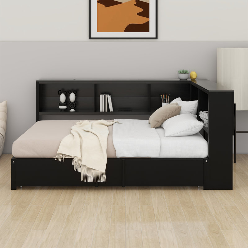 A Full-Sized Metal Daybed That Includes An Integrated Pull-Out Trundle And Built-In Storage Compartments, Black