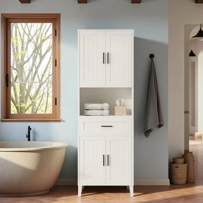 Freestanding Tall Bathroom Cabinet With 4 Soft-Close Doors,2 Cabinets,Open Storage&2 Adjustable Shelves,A Drawer