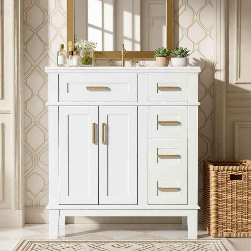 30" Bathroom Vanity With Ceramic Sink, Modern Storage Cabinet With Soft-close Doors, White
