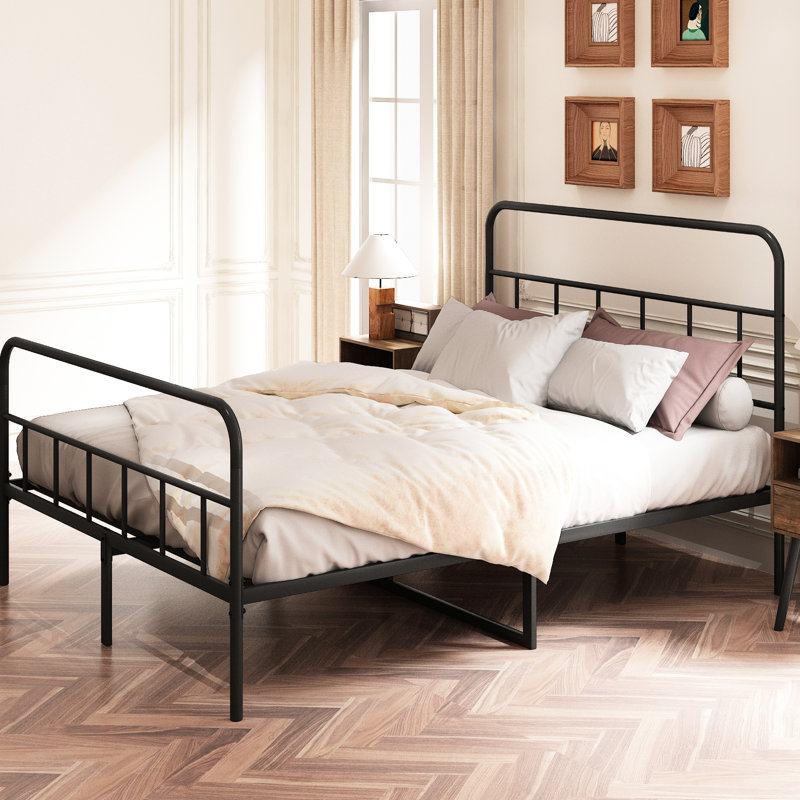 Queen Size Metal Bed, Iron Platform And Headboard, No Box Spring, Silent Nighttime Dream Period, Black Bed Frame With Build, Spring Not Required, Quiet Rest,