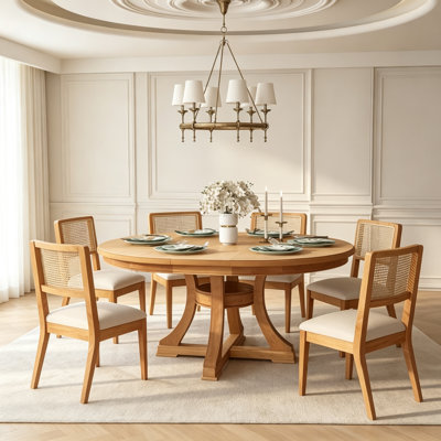 7-Piece French Country Functional Dining Table Set, Extendable Round Wood Dining Table + 6 Rattan Dining Chairs, Space-Saving Kitchen Dinner Furniture