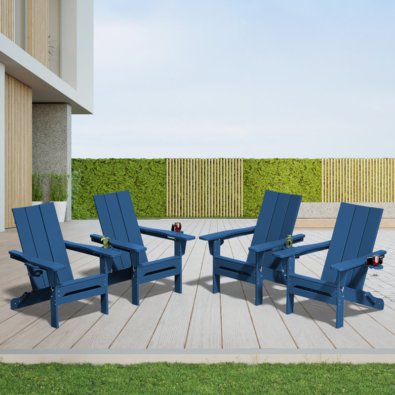 Wolak High Density Polyethylene Folding Adirondack Chair With Double Cup Holder(Set Of 4), Navy