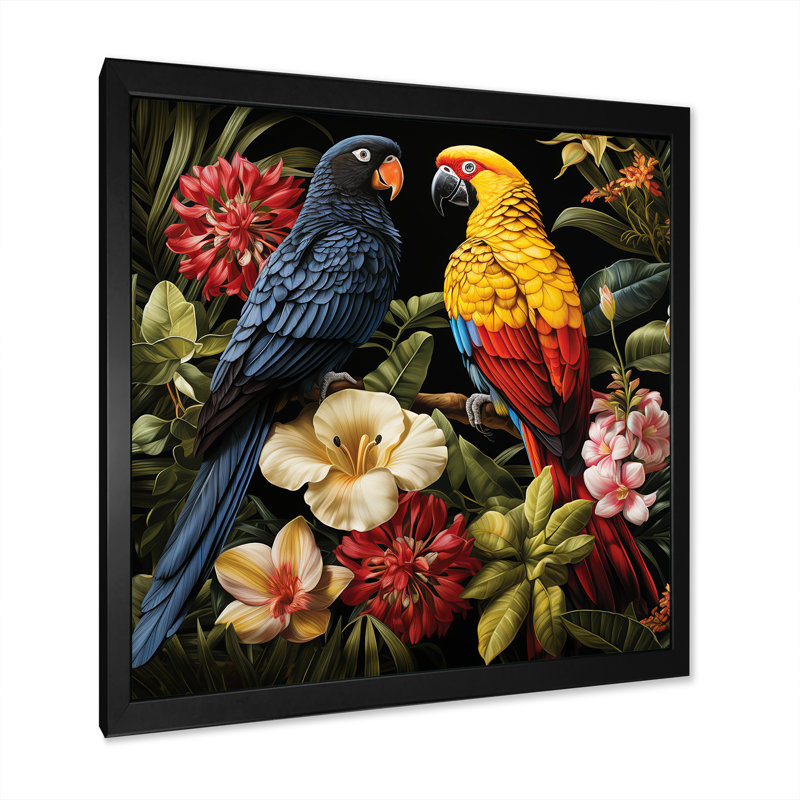 Perroquets tropicaux bleus - art mural perroquet, H 30 po x l 30 po, Noir