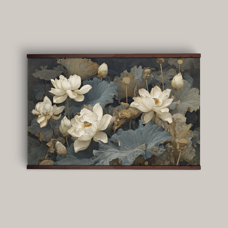 Fleur de lotus, art mural sur toile, tapisserie florale botanique rétro, H 45 po x l 73 po