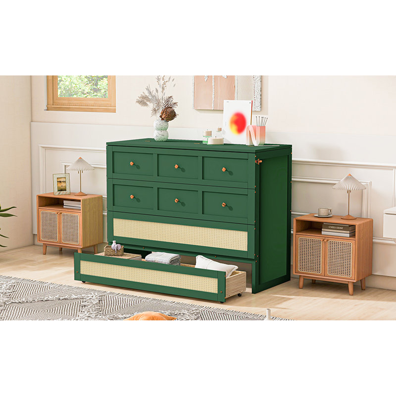 Lit escamotable double avec grands tiroirs, Double, Vert