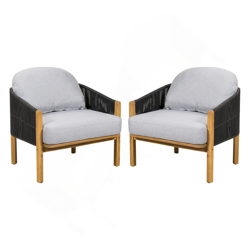 Fauteuil club d'extérieur en bois avec coussin, Noir / teck, Gris