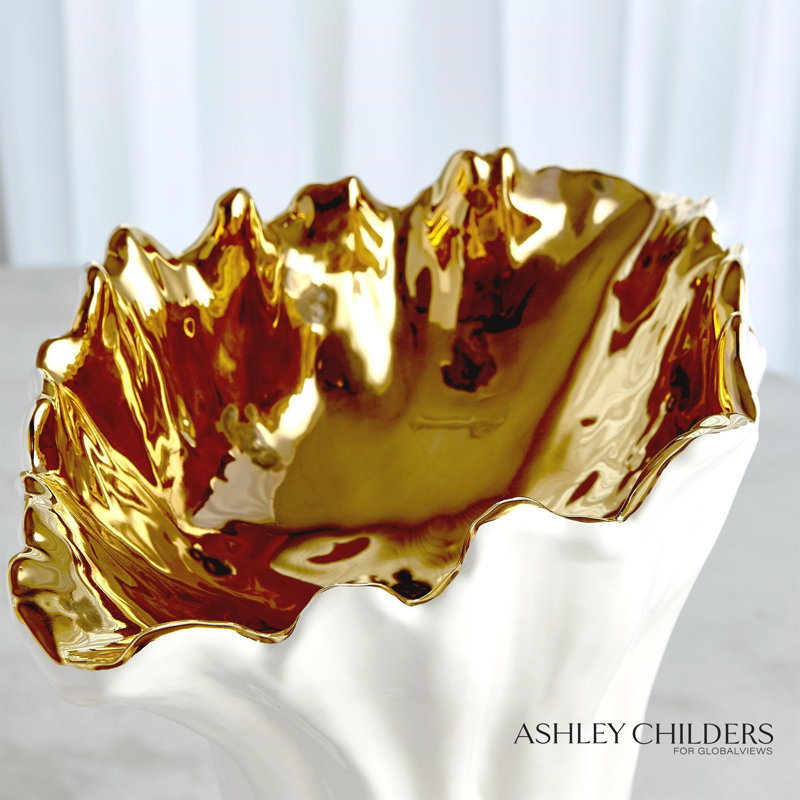 Organic Wave Oval Bowl-White-Lg, White/Gold